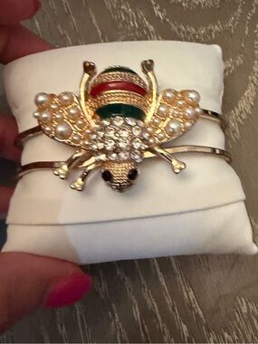 Gold-Tone Bee Brooch with Red, Green and Pearl Accents
